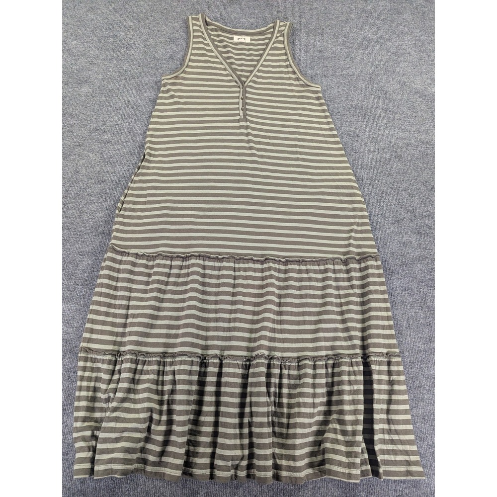 Pact Organic Cotton Striped Tiered Maxi Dress Green Grey Henley Sleeveless L